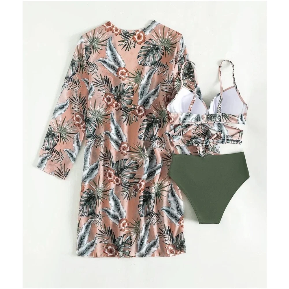 Floral Tropical Print Cut out High Waisted Bikini Kimono Beach - Picture 6 of 7